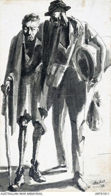 A drawing of a person with a walking stick leaning on a person with a swag.